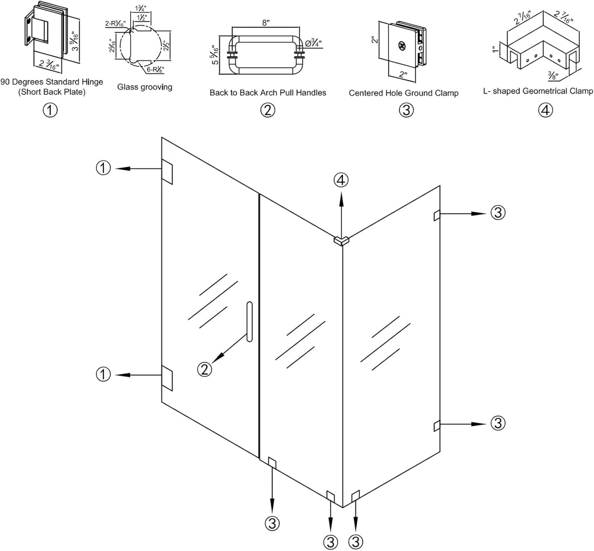 MCOCOD® Hardware Kit for Frameless Corner Hinged Shower Enclosure - H06-01