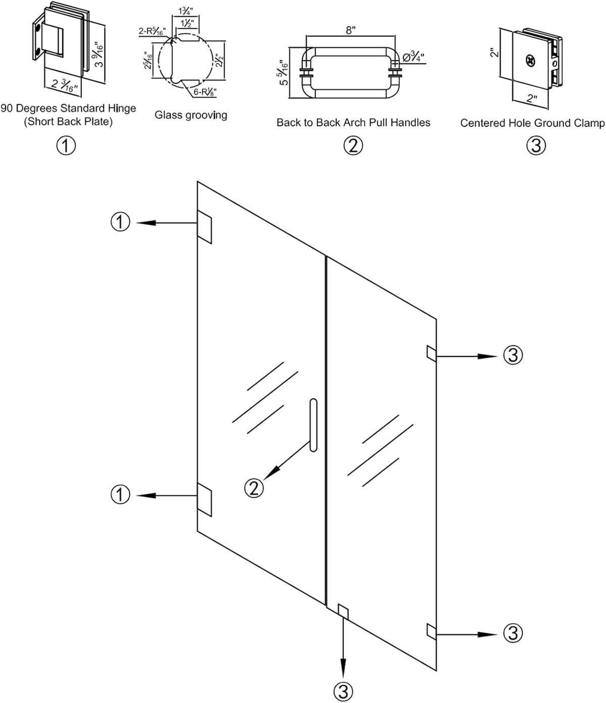 MCOCOD® Hardware Kit for Frameless Swing Hinged Shower Enclosure - H06-02