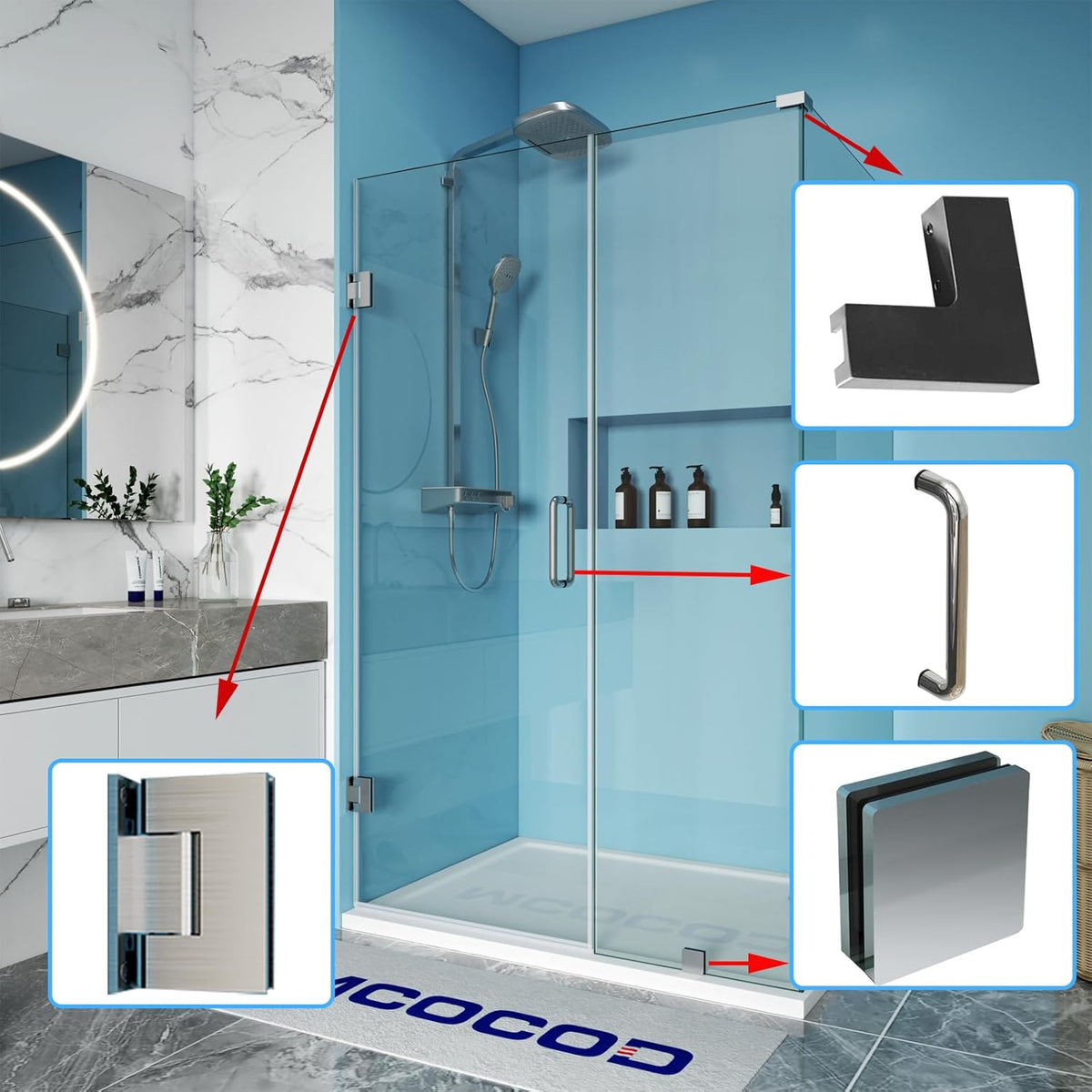 MCOCOD® Hardware Kit for Frameless Corner Hinged Shower Enclosure - H06-01