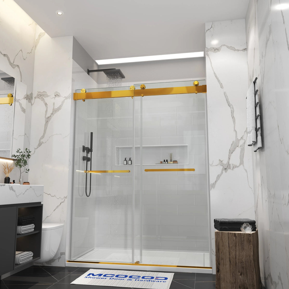 MCOCOD® DS13 Double Sliding Frameless Shower Door with Optional Soft-Close & Two Towel Bars