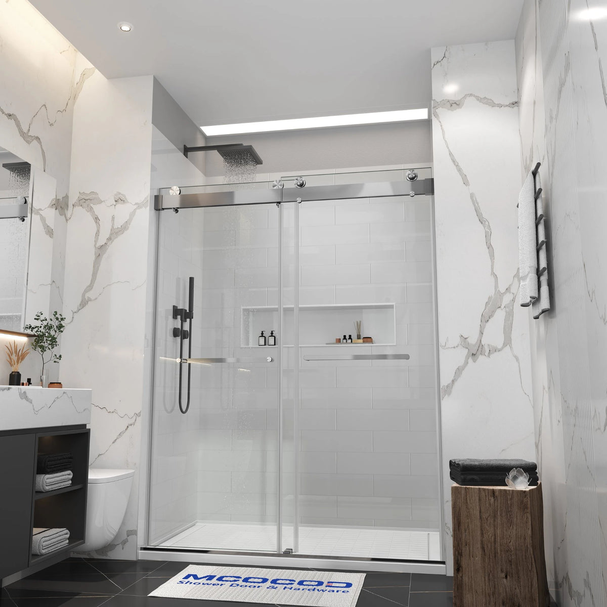 MCOCOD® DS13 Double Sliding Frameless Shower Door with Optional Soft-Close & Two Towel Bars