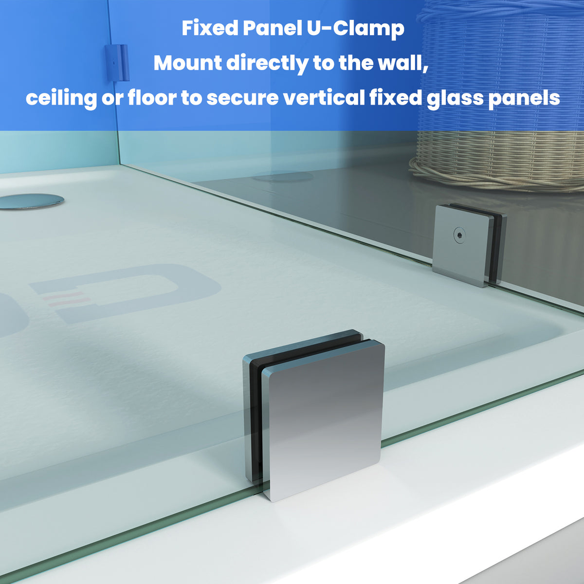 Fixed Panel U-Clamp securing vertical glass panels with text on a blue background