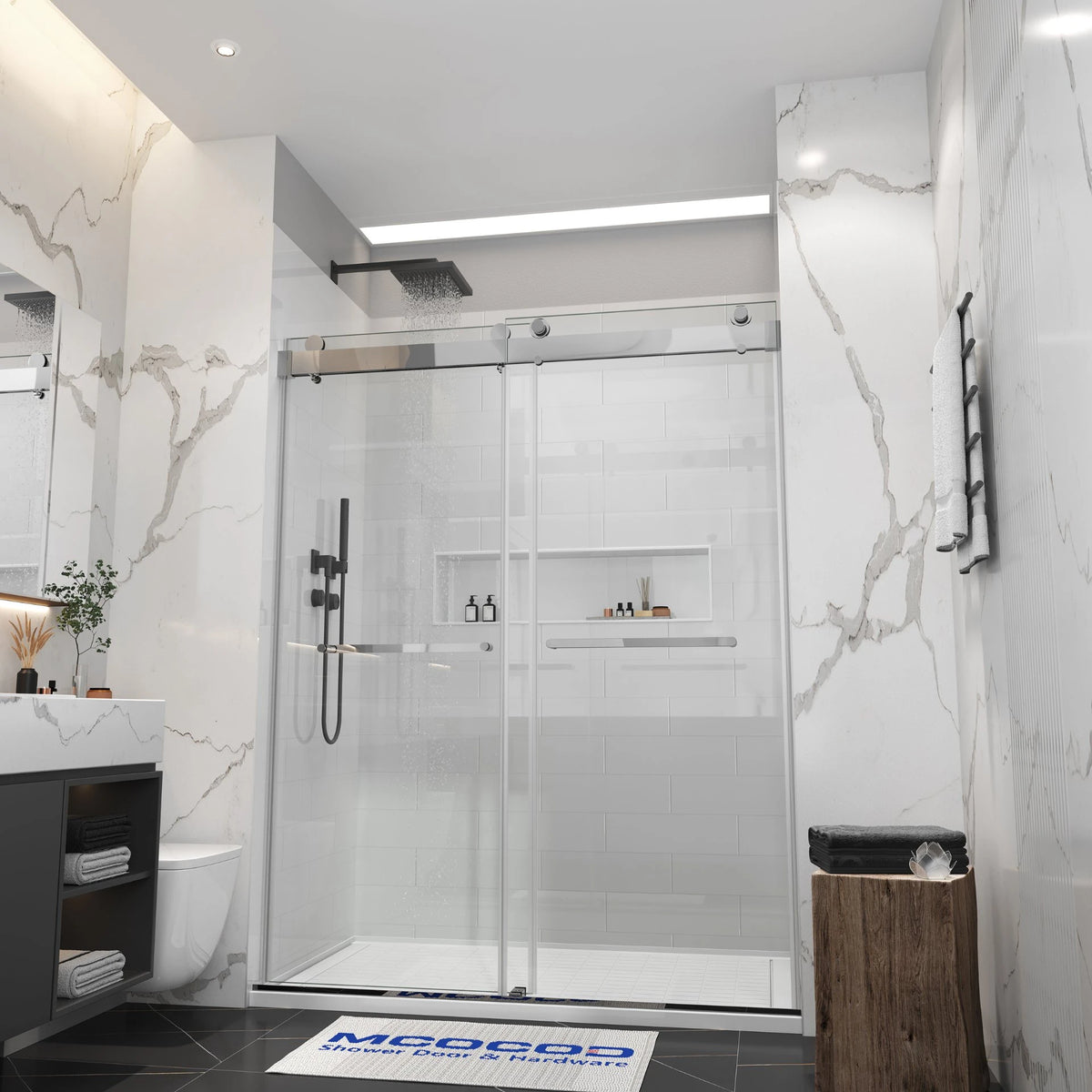 MCOCOD® DS13 Double Sliding Frameless Shower Door with Optional Soft-Close & Two Towel Bars