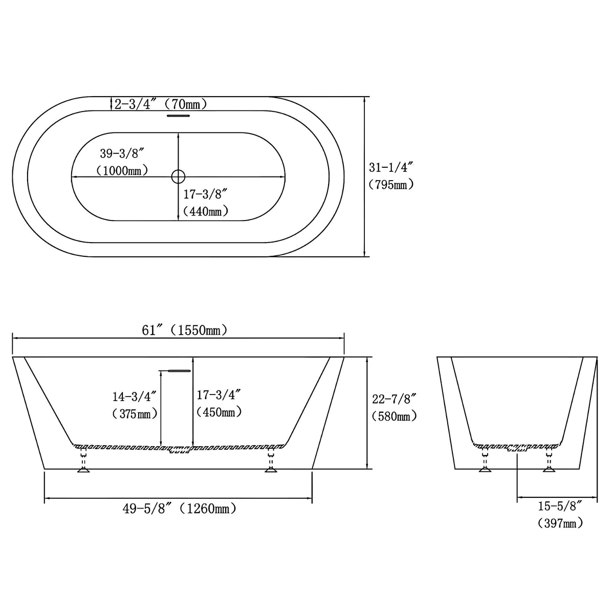 MCOCOD® Acrylic Freestanding Soaking Bathtub with Integrated Overflow and Drain in White Finish
