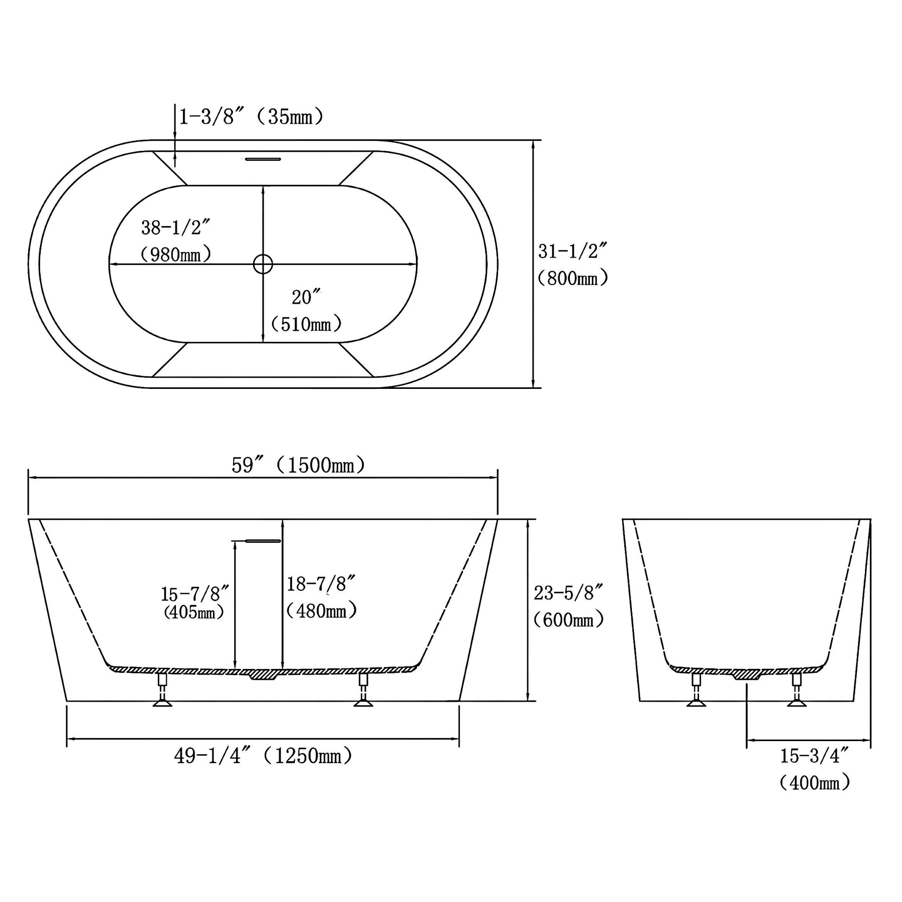 MCOCOD® Oval Acrylic Freestanding Bathtub Soaking Tub with Overflow and Drain
