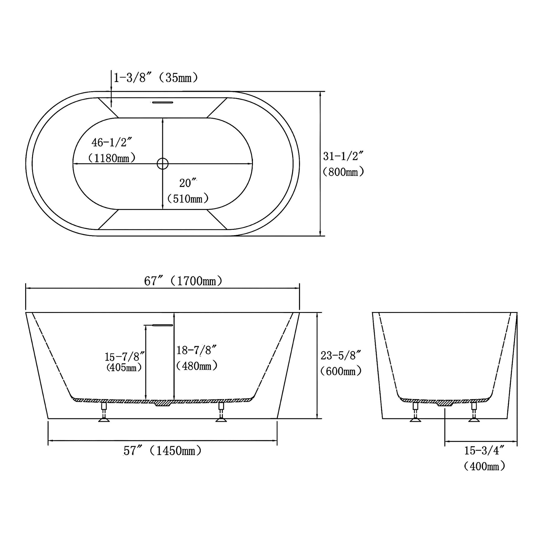 MCOCOD® Oval Acrylic Freestanding Bathtub Soaking Tub with Overflow and Drain