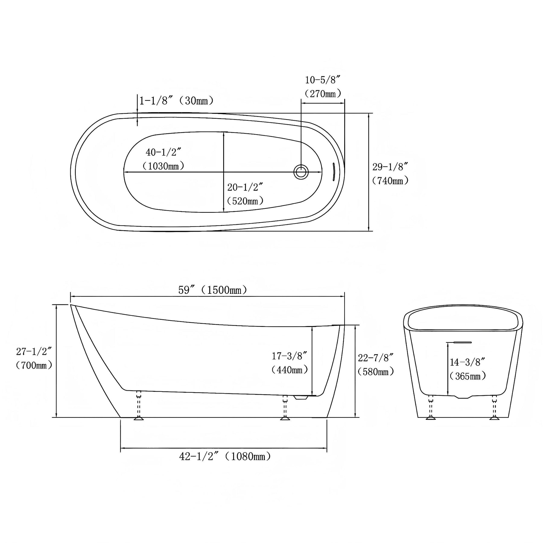 MCOCOD® High-back Acrylic Freestanding Bathtub with Integrated Overflow Drain in White Finish
