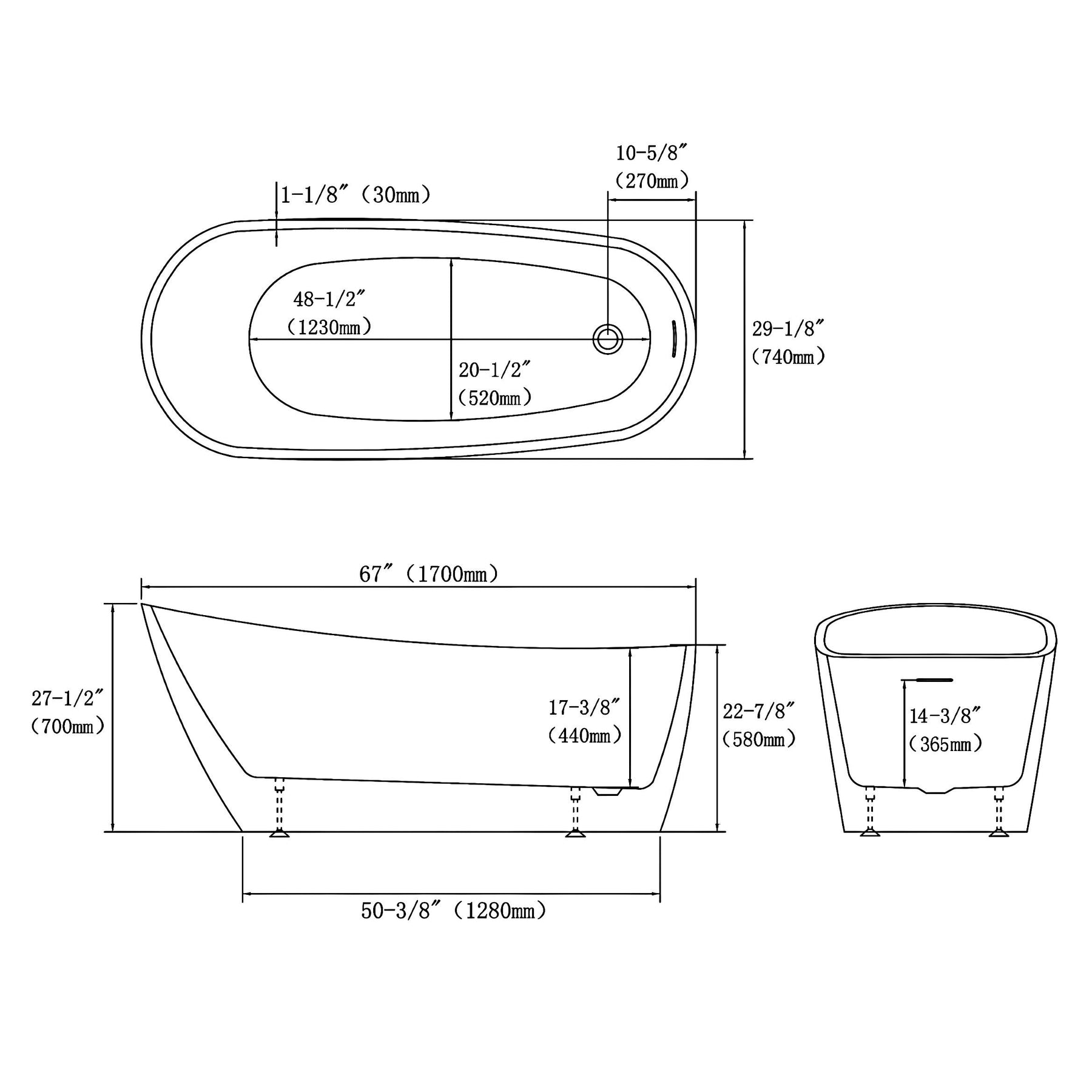 MCOCOD® High-back Acrylic Freestanding Bathtub with Integrated Overflow Drain in White Finish