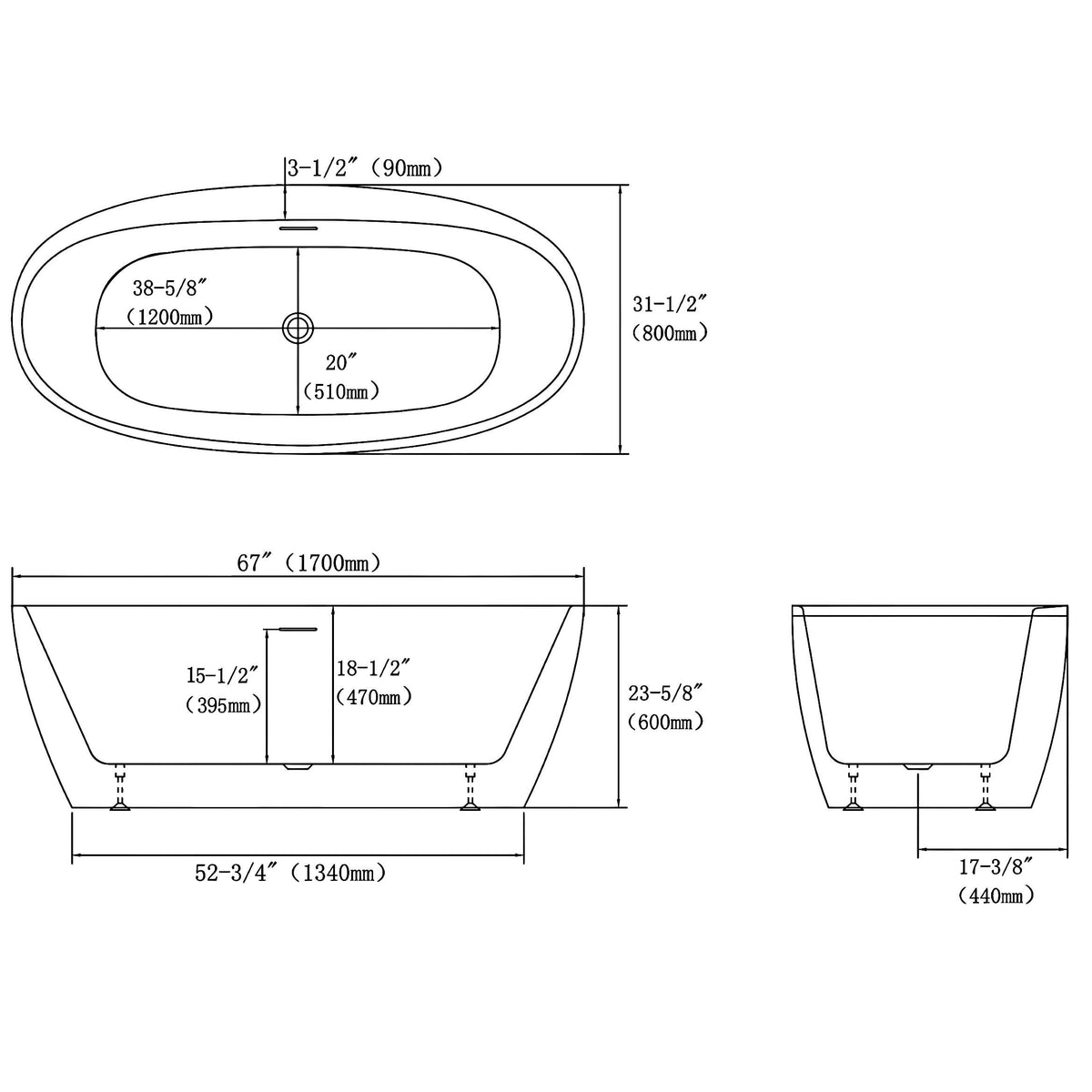 MCOCOD® Acrylic Soaking Freestanding Bathtub with Integrated Overflow Drain and Tap Deck
