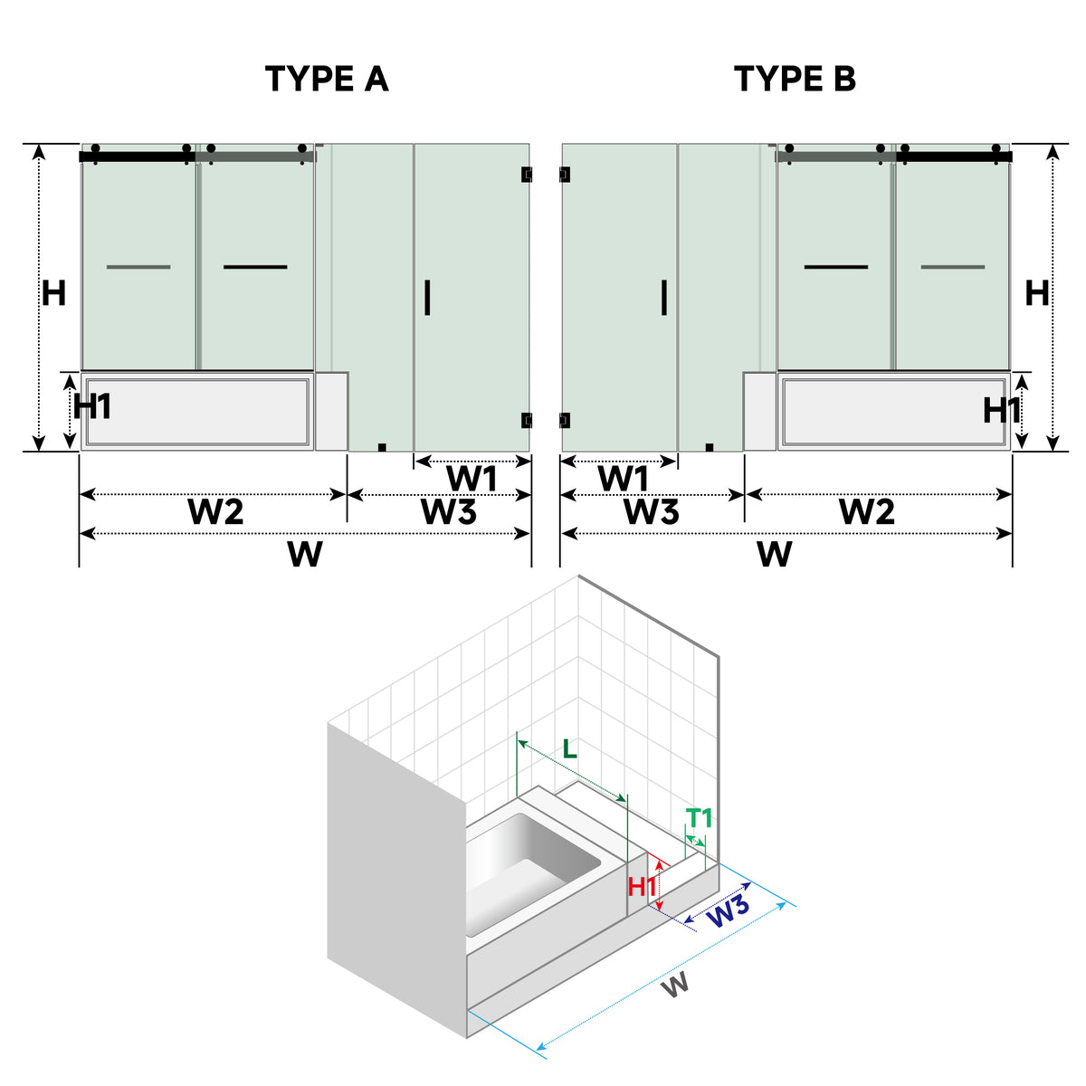 Customize Large Openings Spaces DS01+H06-04 for Double Sliding Bathtub Shower Door and Frameless Swing Glass – dimensions