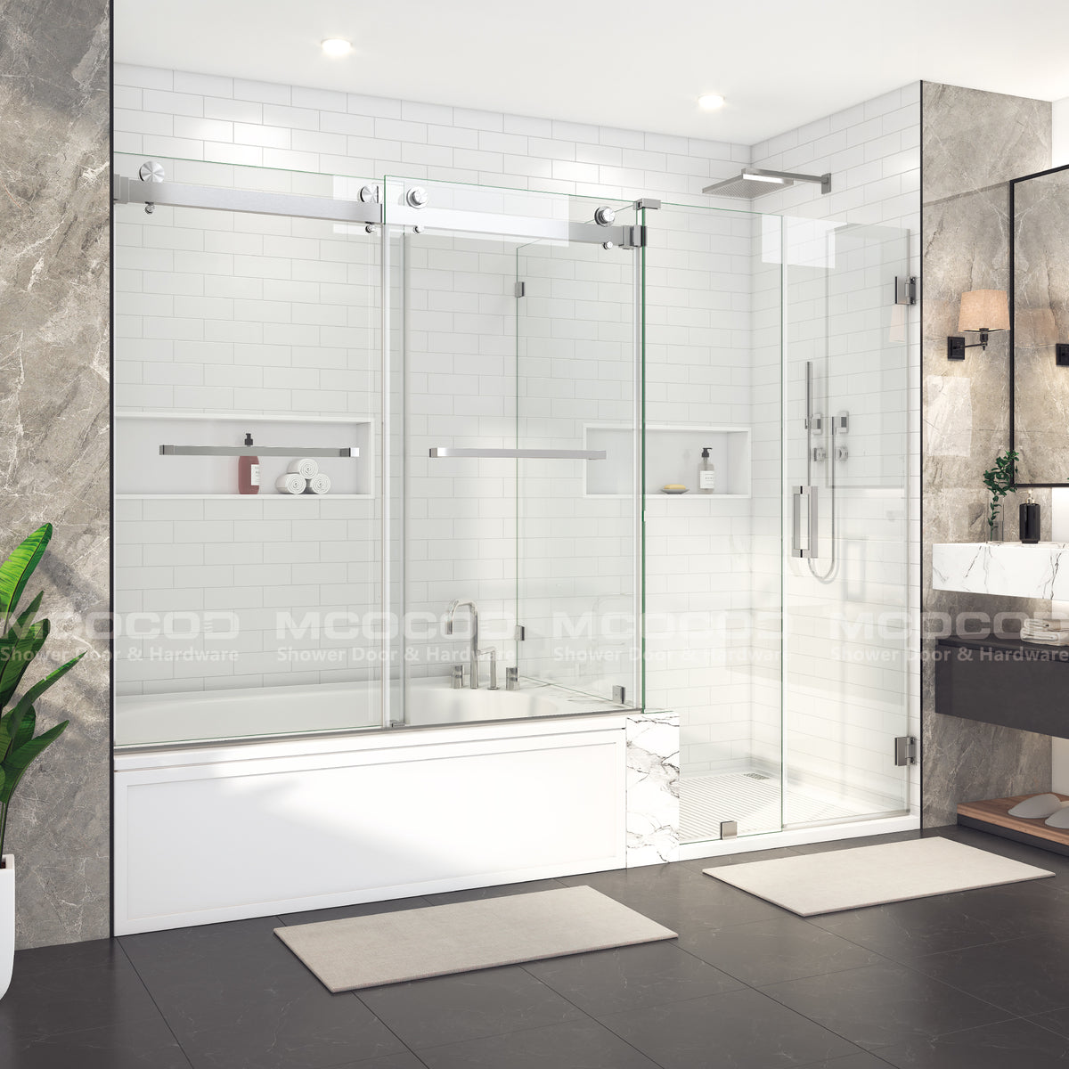 Customize Large Openings Spaces DS01+H06-04 for Double Sliding Bathtub Shower Door and Frameless Swing Glass Door