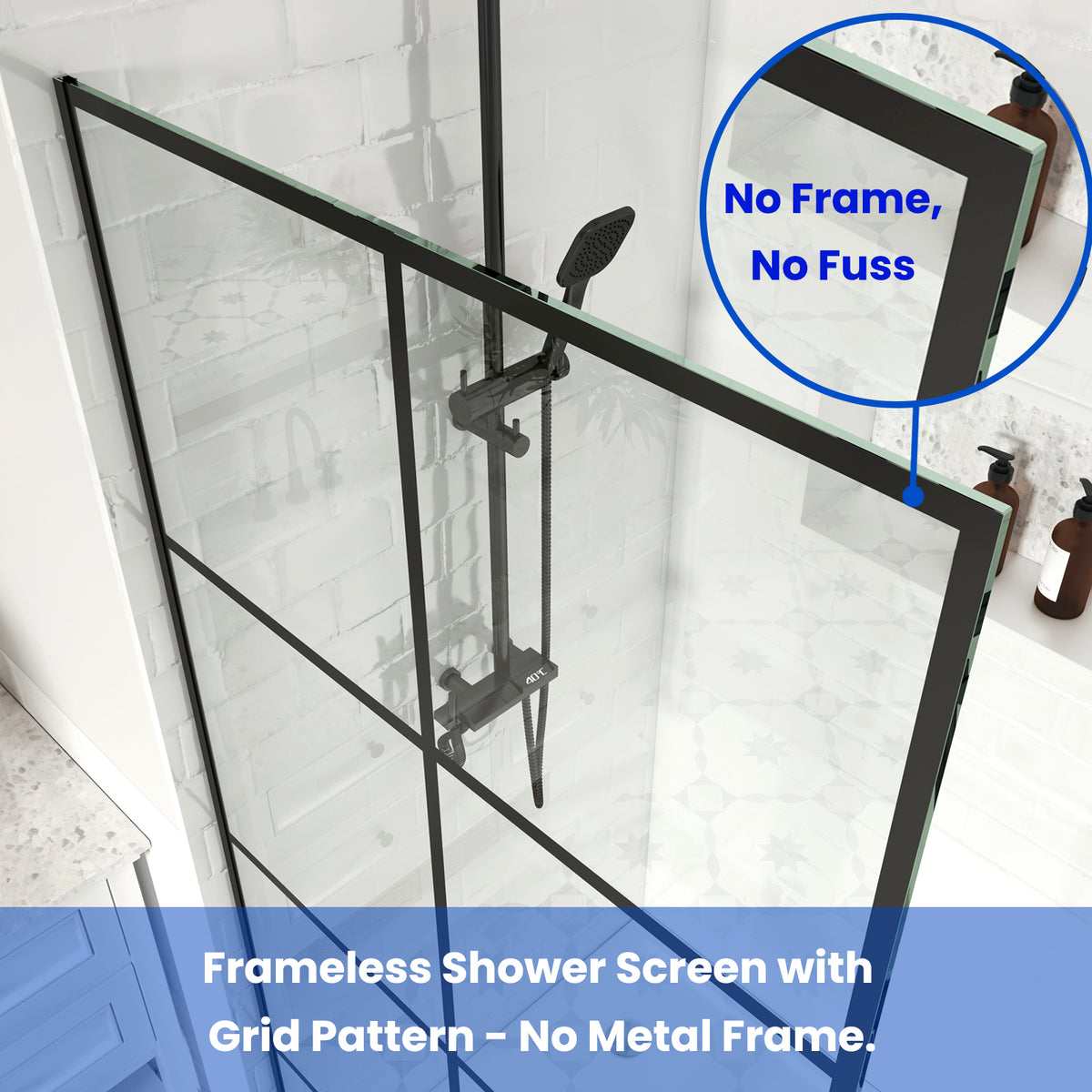 MCOCOD® French Fixed Screen Shower Door in Matte Black with Grid Glass - W01C