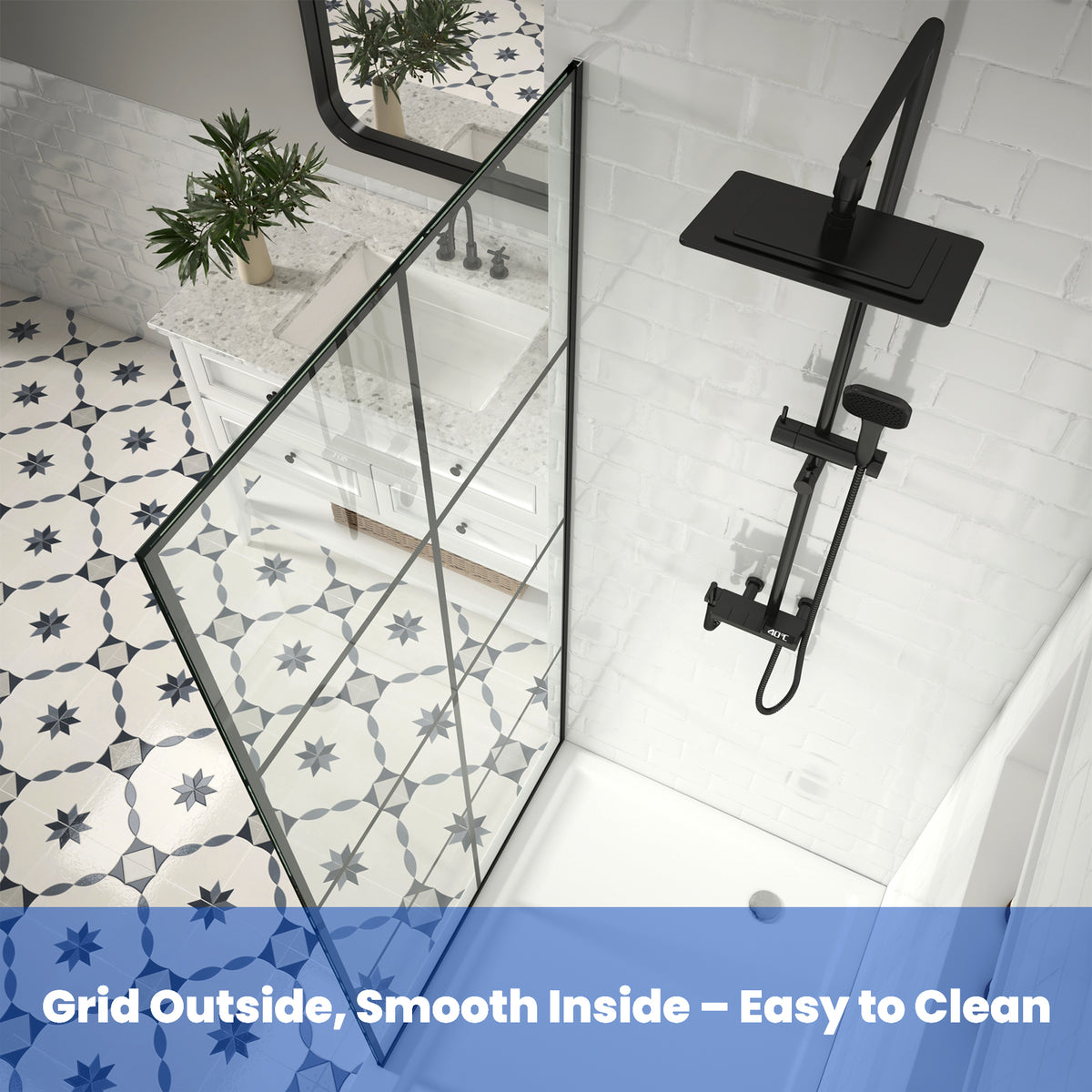 MCOCOD® French Fixed Screen Shower Door in Matte Black with Grid Glass - W01C