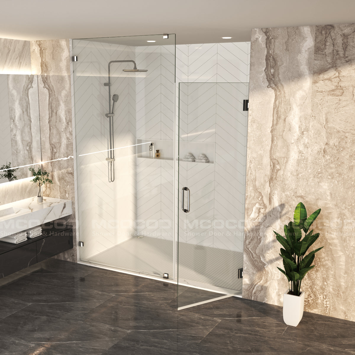 MCOCOD® Customize Swing Shower Door with Frameless Fixed Glass Panel - H06-02A