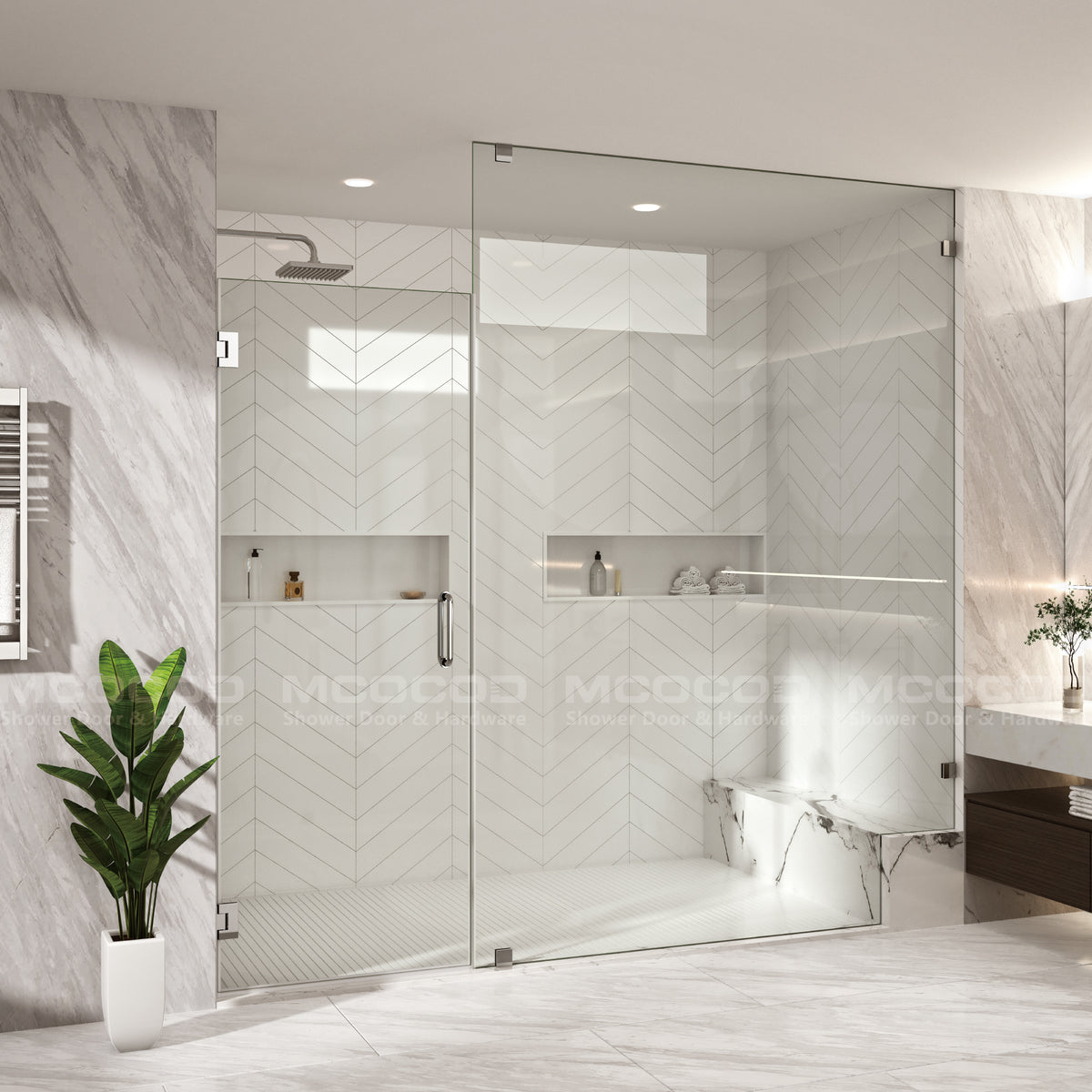 MCOCOD® Customize Swing Shower Door with Frameless Fixed Glass Panel - H06-02B