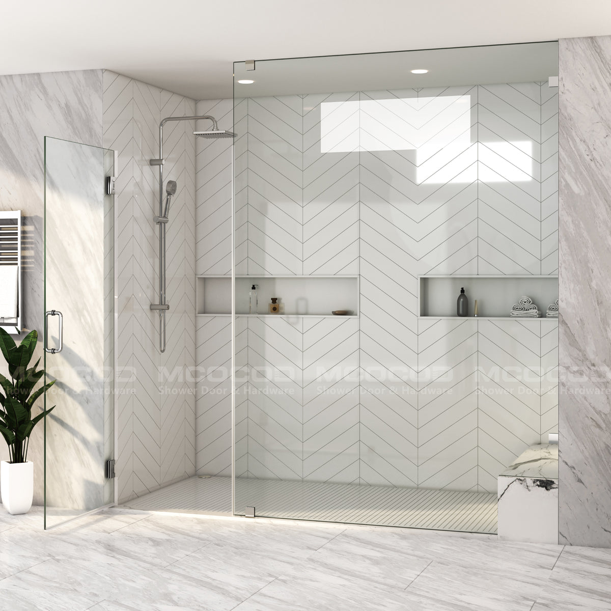 MCOCOD® Customize Swing Shower Door with Frameless Fixed Glass Panel - H06-02B