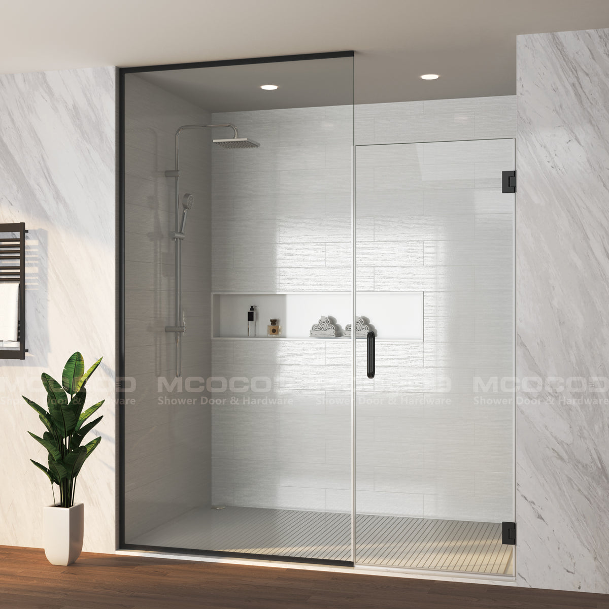 MCOCOD® Customize Swing Shower Door with Framed Fixed Glass Panel - H06-02C