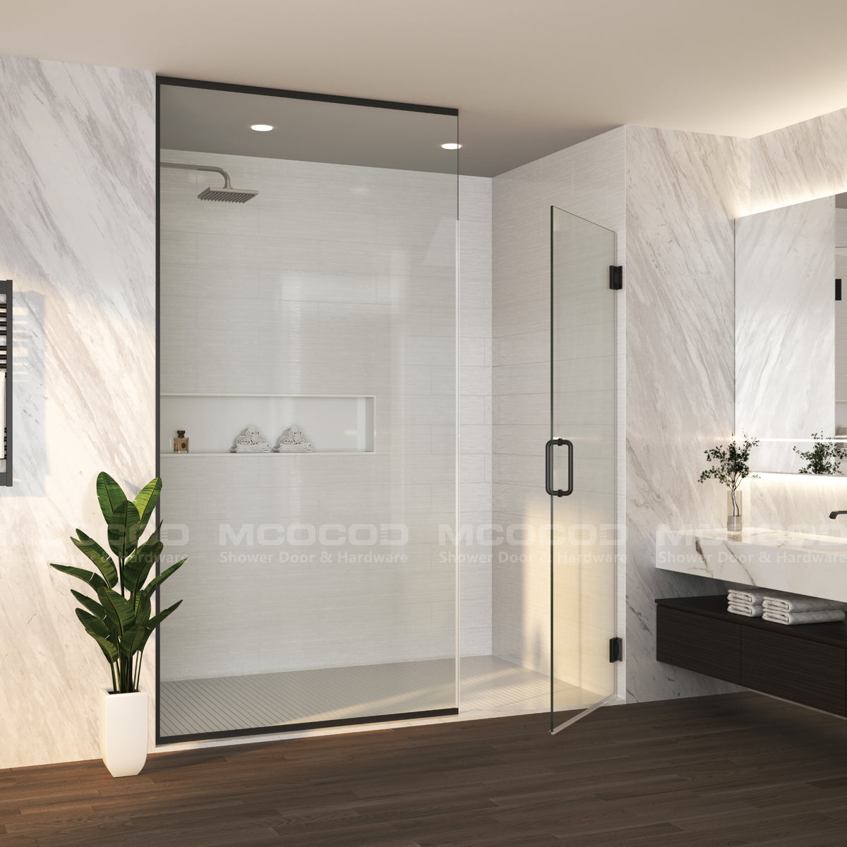 MCOCOD® Customize Swing Shower Door with Framed Fixed Glass Panel - H06-02C