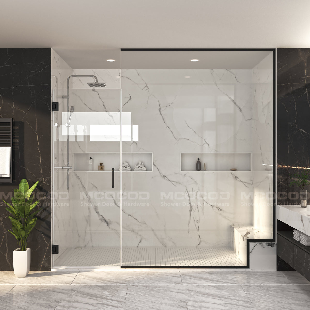 MCOCOD® Customize Swing Shower Door with Framed Fixed Glass Panel - H06-02D