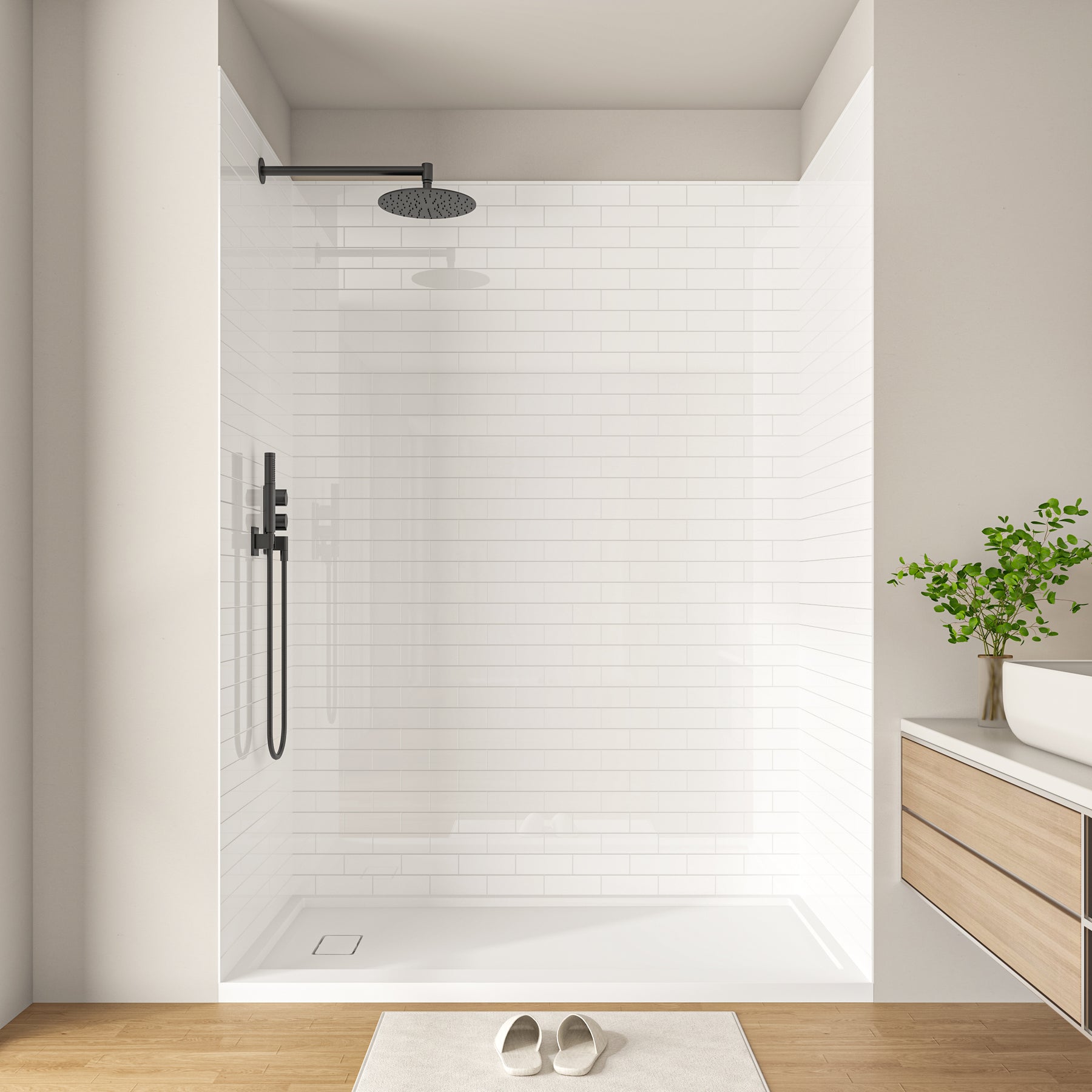 MCOCOD® Three Piece Glue Up Subway Tile Shower Surrounds in White Acrylic Solid Surface