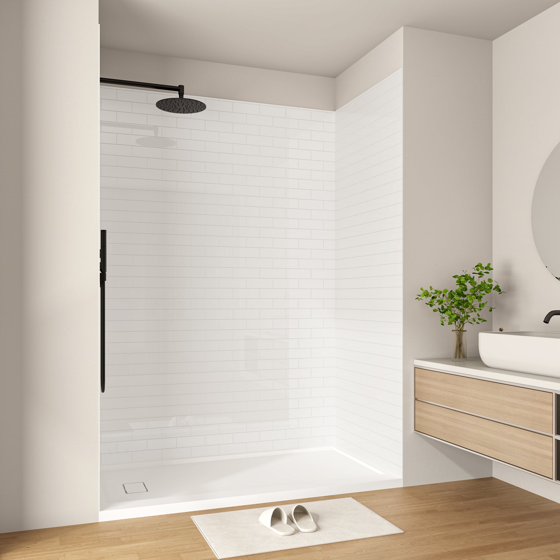 MCOCOD® Three Piece Glue Up Subway Tile Shower Surrounds in White Acrylic Solid Surface