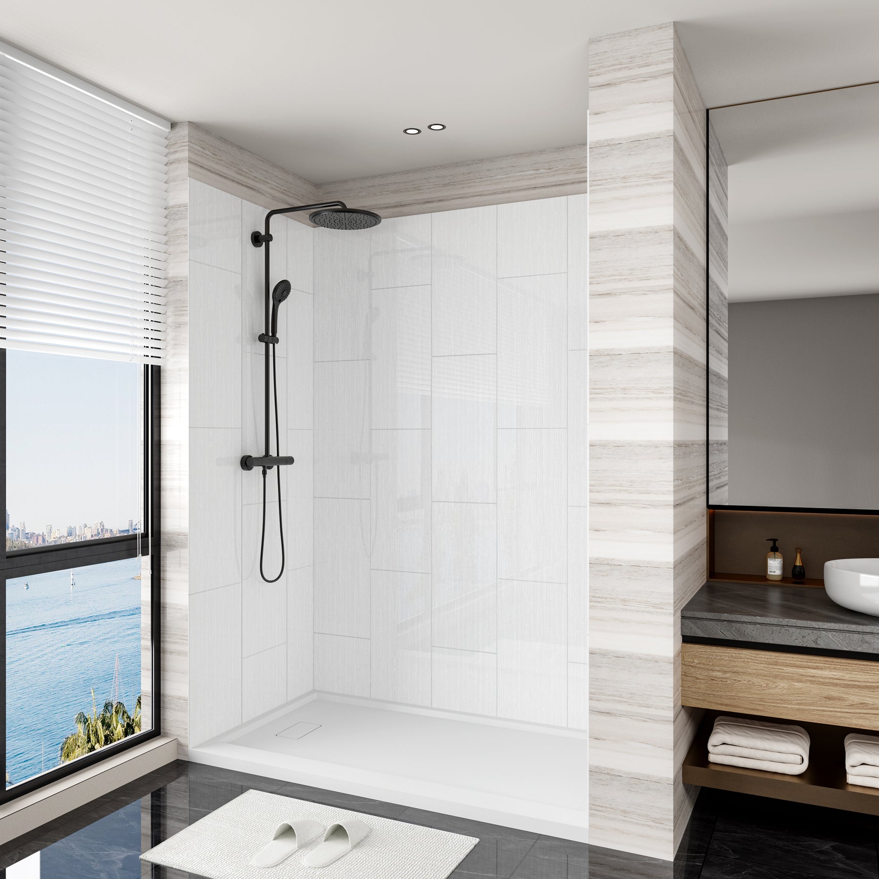 MCOCOD® Three Piece Glue Up Shower Surrounds Vertical Big Rectangle in White Acrylic Solid Surface