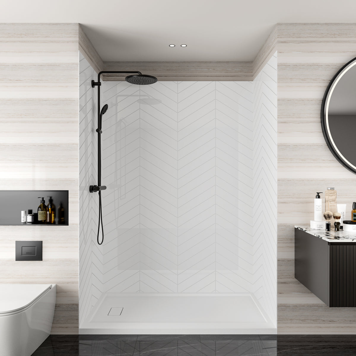 MCOCOD® Three Piece Glue Up Herringbone Tile Shower Wall Panels Surround in Bright White