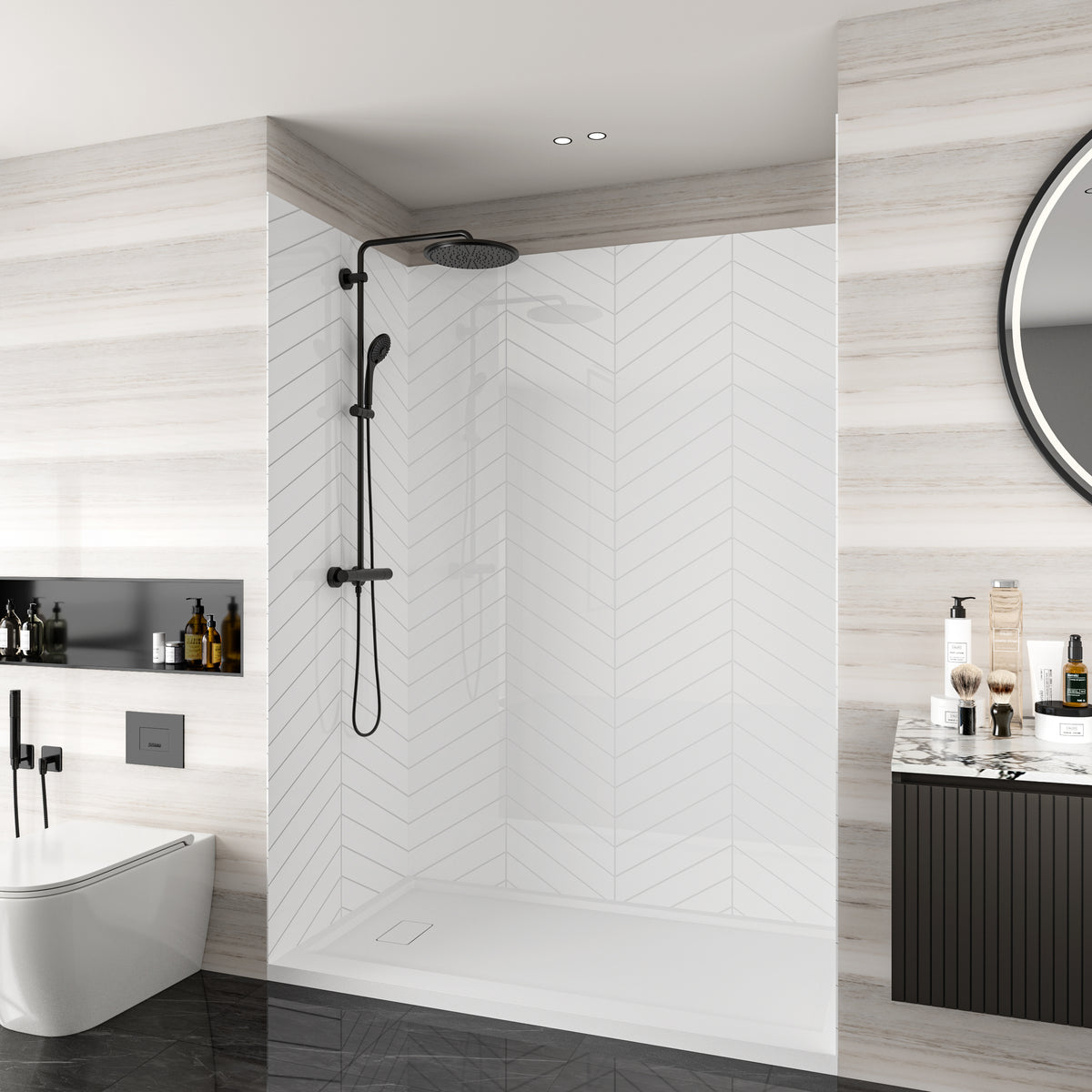 MCOCOD® Three Piece Glue Up Herringbone Tile Shower Wall Panels Surround in Bright White
