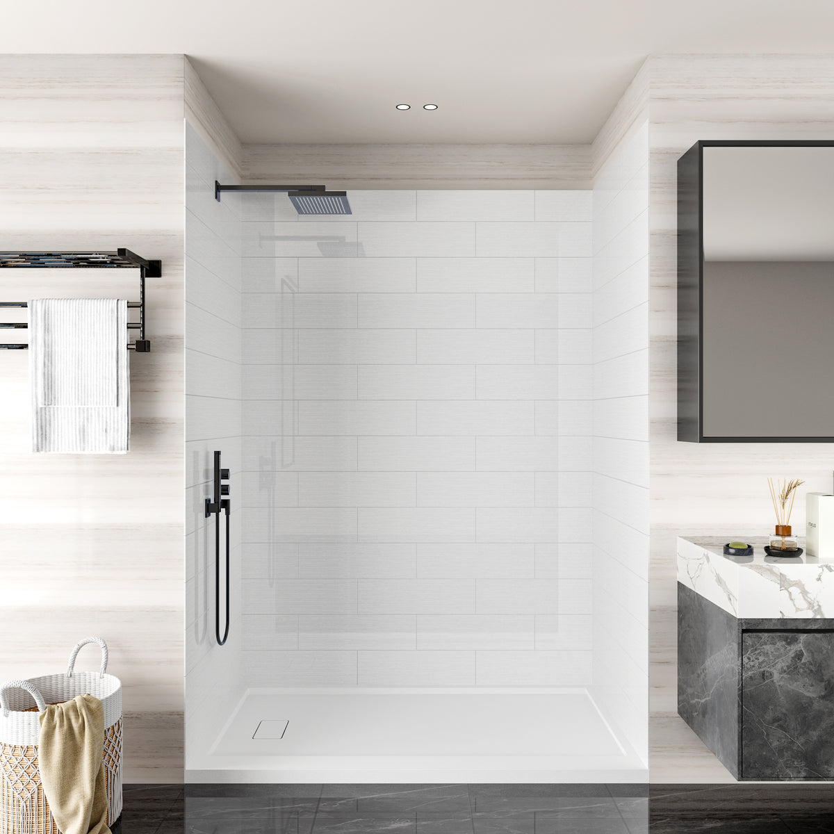 MCOCOD® Three Piece Glue Up Shower Surrounds Horizontal Big Rectangle in Matte White with Brushed Fine Texture