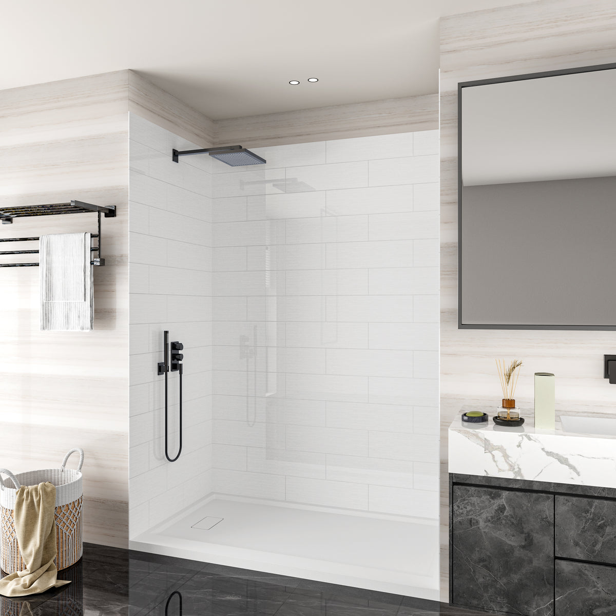 MCOCOD® Three Piece Glue Up Shower Surrounds Horizontal Big Rectangle in Matte White with Brushed Fine Texture