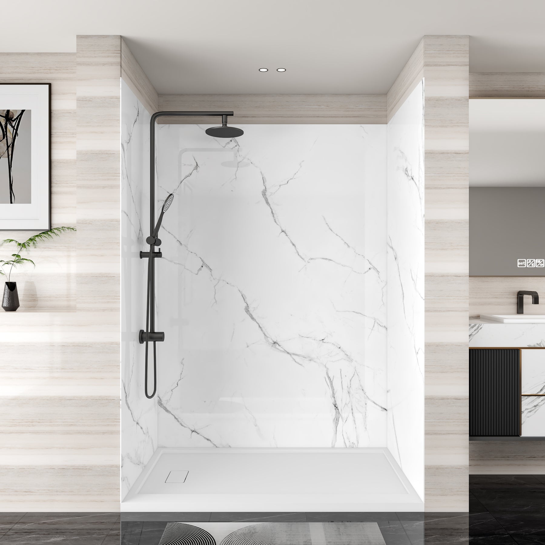 MCOCOD® Three Piece Glue Up Marble Shower Wall Panels Surround in White Acrylic Solid Surface