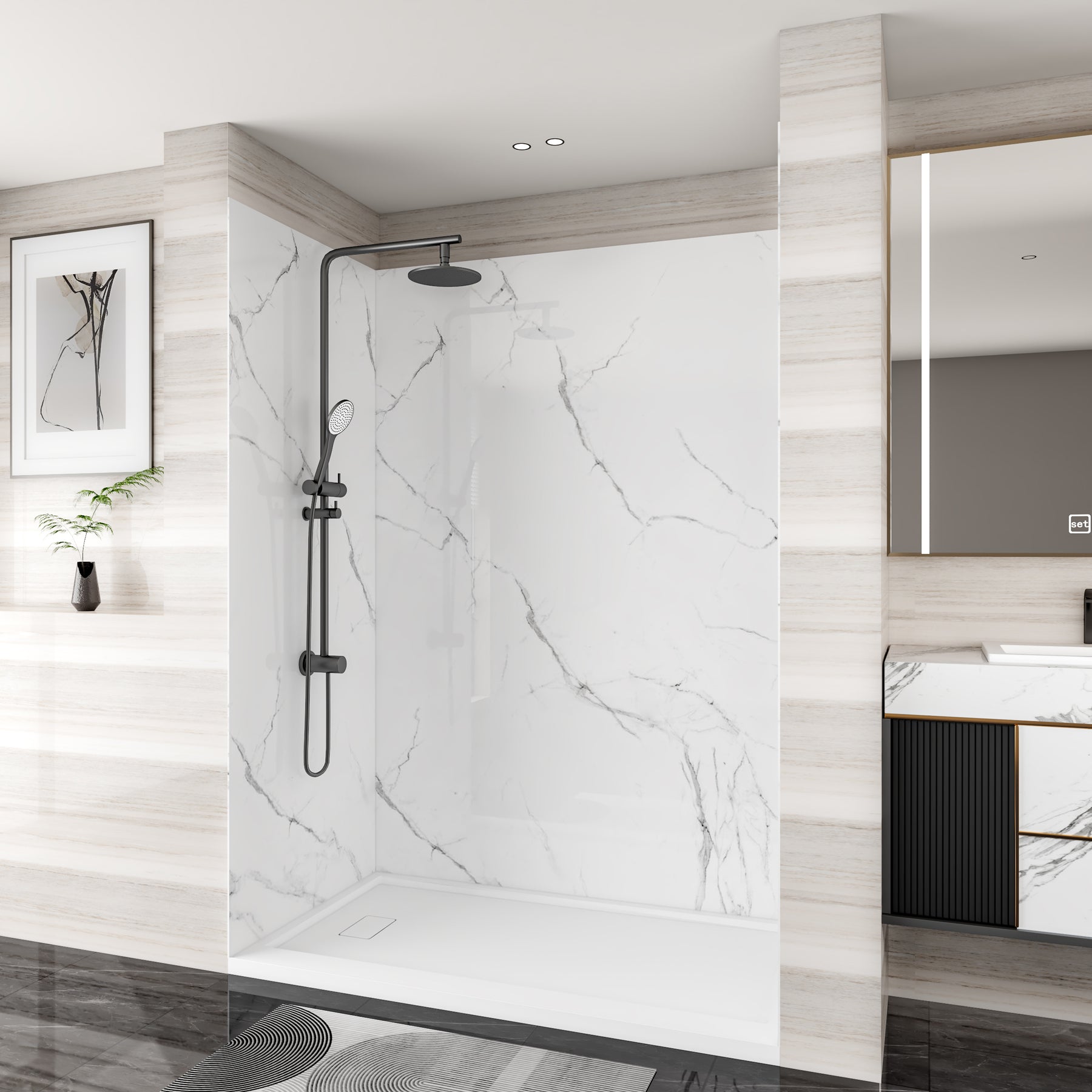 MCOCOD® Three Piece Glue Up Marble Shower Wall Panels Surround in White Acrylic Solid Surface