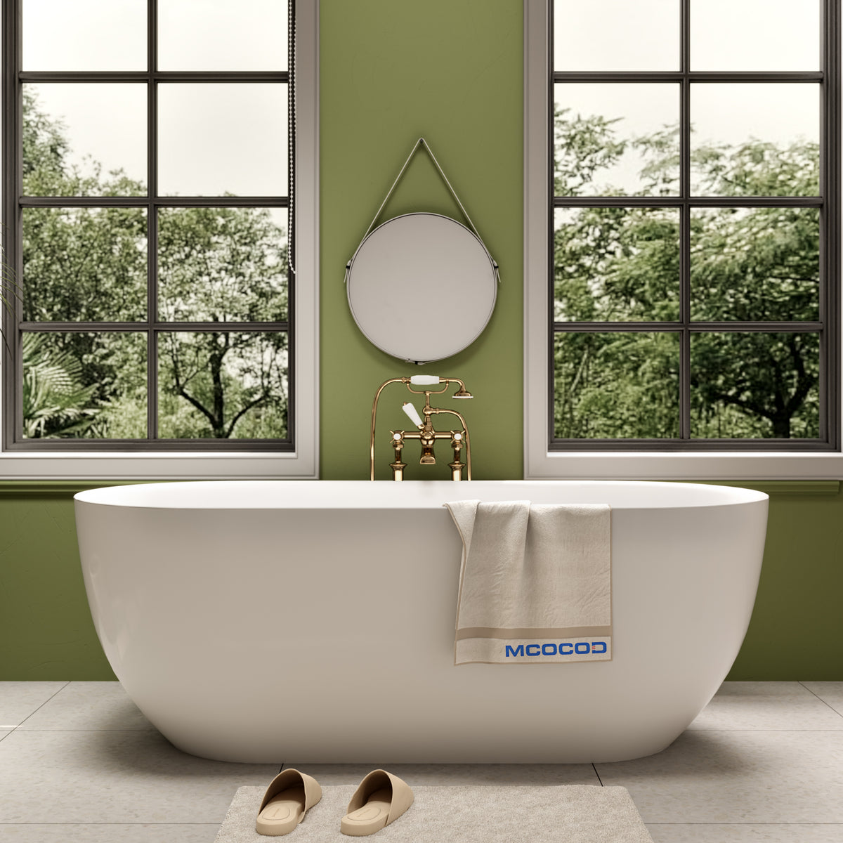 MCOCOD Bathroom Bathtub - Oval Acrylic Soaking Freestanding Bathtub in Glossy White