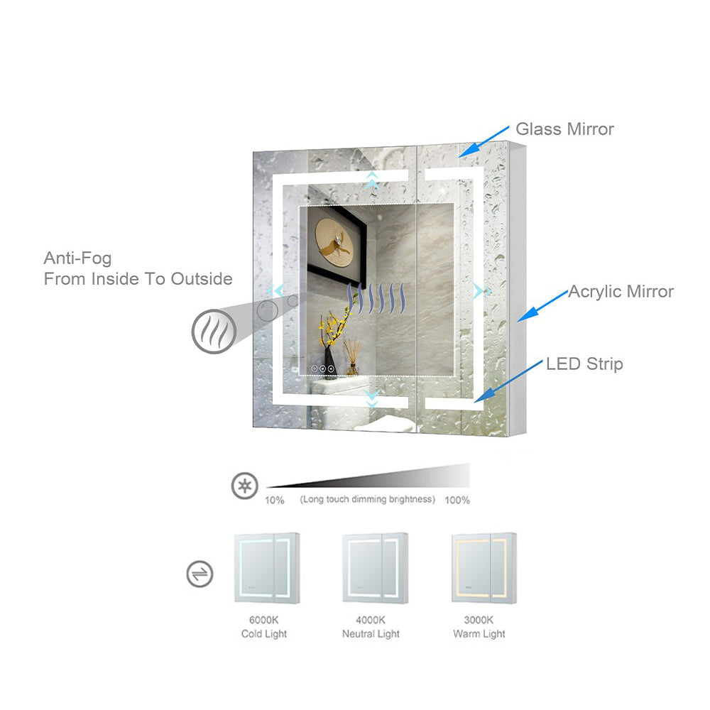 MCOCOD Bathroom Medicine Cabinets with Mirrors - 30 W" x 30 H" Rectangular Frameless Recessed or Surface Mount Medicine Cabinet with LED Lights Anti-Fog Dimmable with Outlet