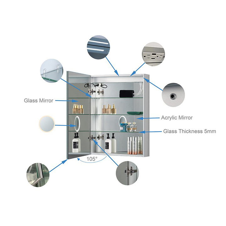 MCOCOD Bathroom Medicine Cabinets with Mirrors - Recessed or Surface Mount, Left Open and LED Light with 3 Adjustable Shelves