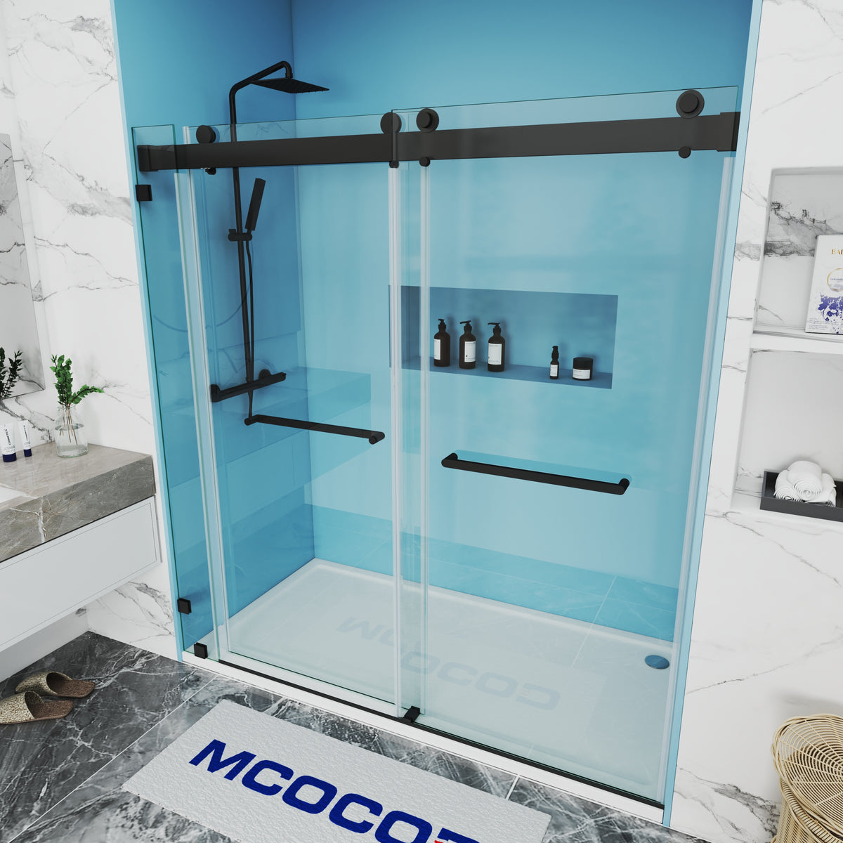 MCOCOD Customize Soft-Closing Double Sliding Shower Doors in Tower Bars with Matte Black DS13-1 | Custom Any Sizes