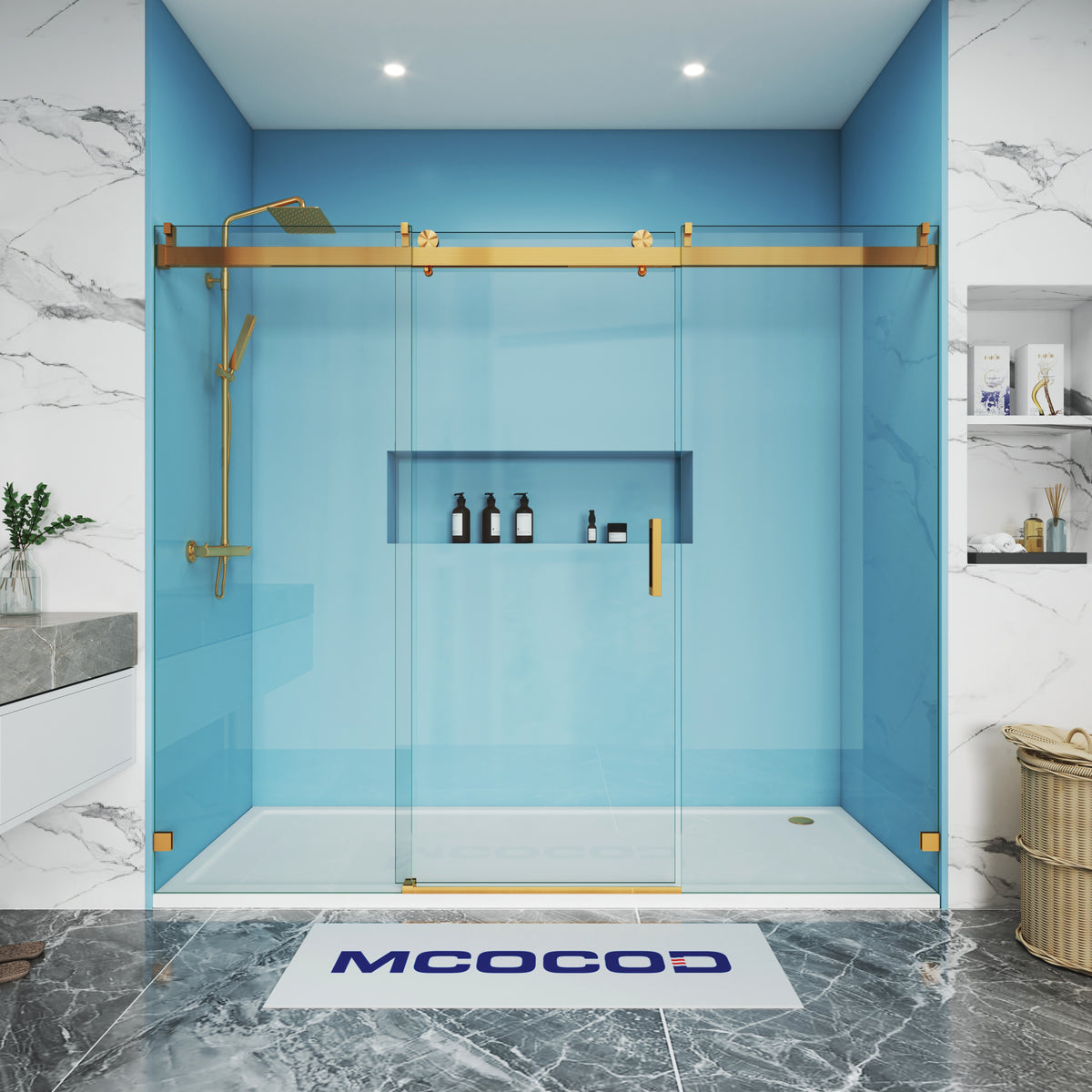 MCOCOD Customize Soft-Closing Single Sliding Frameless Shower Doors in Brushed Gold SS08-3