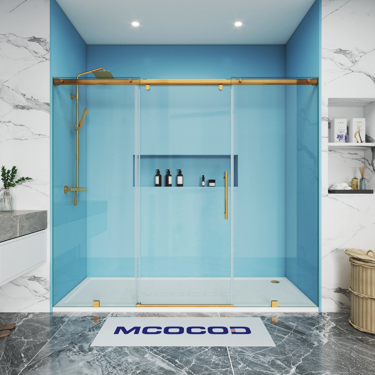 MCOCOD Customize Soft-Closing Single Sliding Frameless Shower Doors in Brushed Gold SS12-3