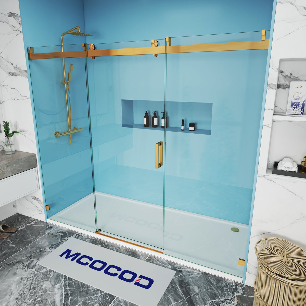 MCOCOD Customize Soft-Closing Single Sliding Frameless Shower Doors with Brushed Gold SS08-3 
