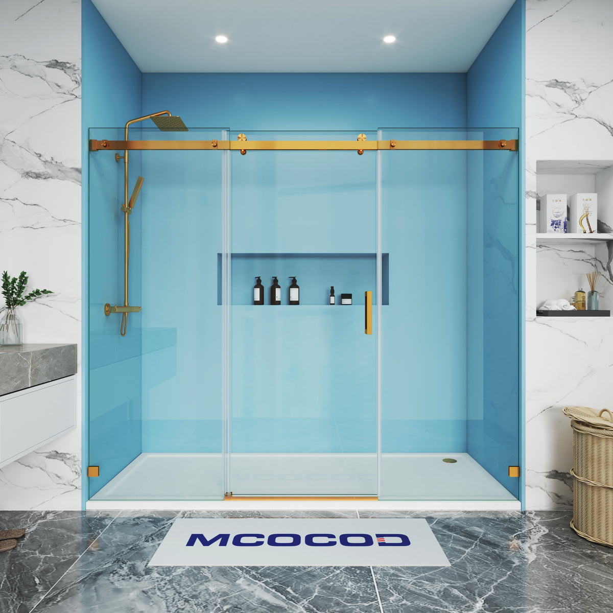 MCOCOD Customize Soft-Closing Single Sliding Frameless Shower Doors with Brushed Gold SS13-3
