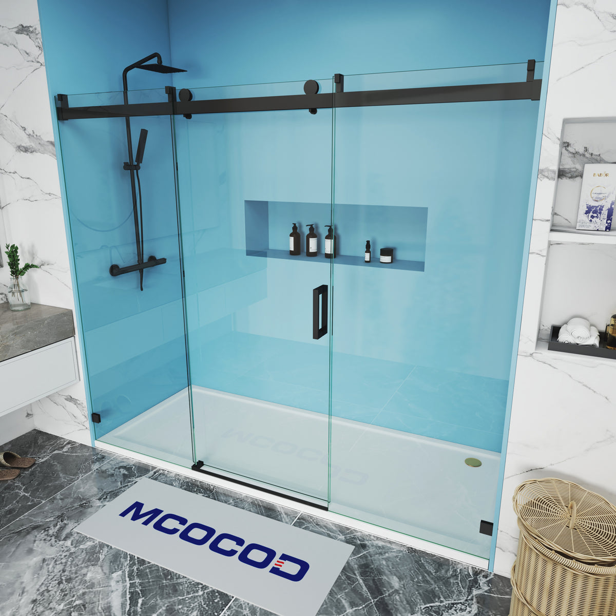 MCOCOD Customize Soft-Closing Single Sliding Frameless Shower Doors with Matte Black SS08-3
