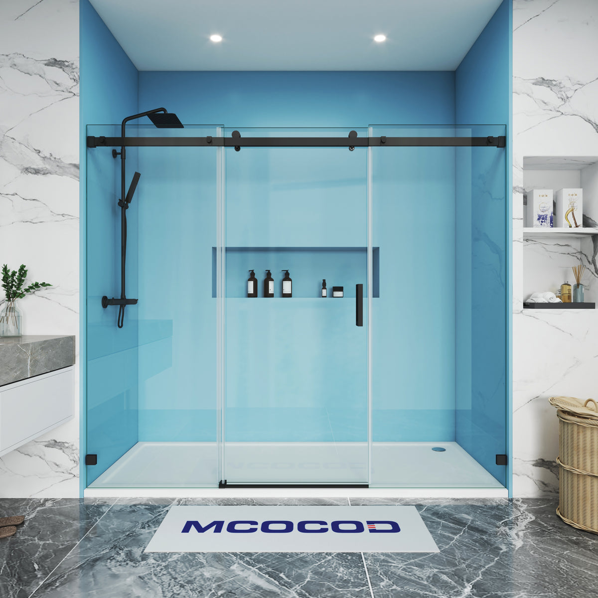 MCOCOD Customize Soft-Closing Single Sliding Frameless Shower Doors with Matte Black SS13-3
