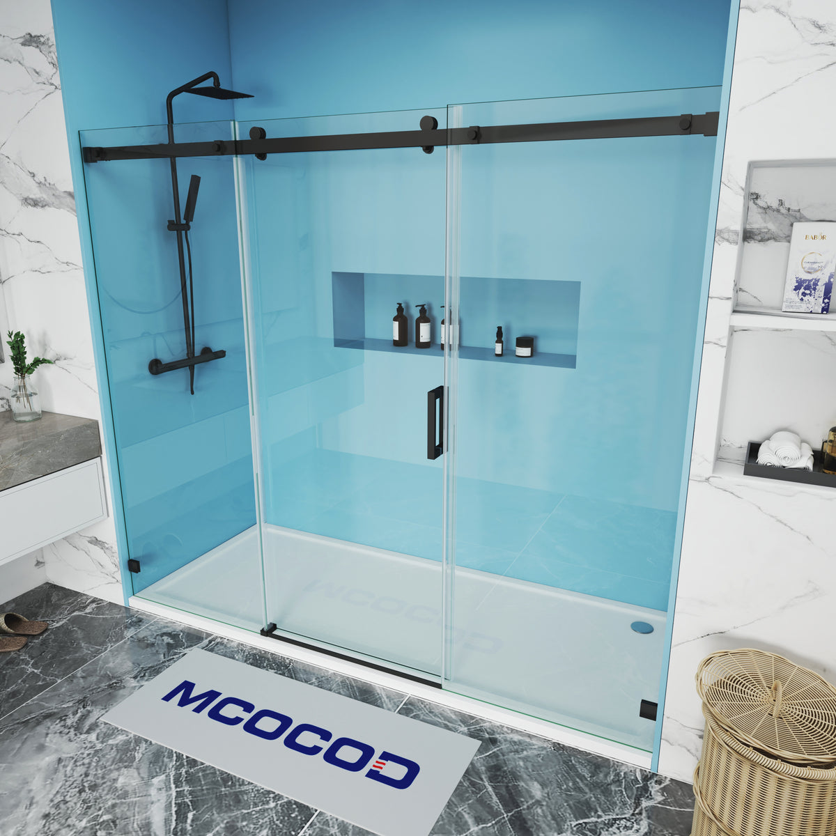 MCOCOD Customize Soft-Closing Single Sliding Frameless Shower Doors with Matte Black SS13-3 | Custom Any Sizes