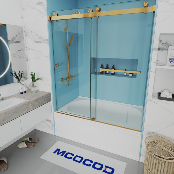 MCOCOD DS01H Bathtub Shower Doors -  Double Sliding Bathtub Shower Door with One Finger Pull in Brushed Gold 60"W × 60"H, 60"W × 66"H