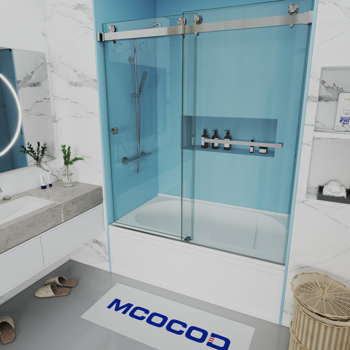 MCOCOD DS01H Bathtub Shower Doors -  Double Sliding Bathtub Shower Door with One Finger Pull in Brushed Nickel 60"W × 60"H, 60"W × 66"H