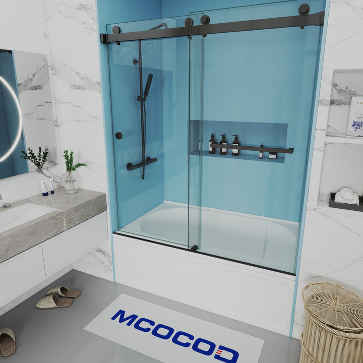 MCOCOD DS01H Bathtub Shower Doors -  Double Sliding Bathtub Shower Door with One Finger Pull in Matte Black 60"W × 60"H, 60"W × 66"H