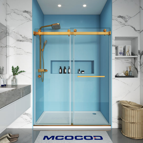 MCOCOD DS01H Double Sliding Frameless Shower Door with One Finger Pull with Brushed Gold