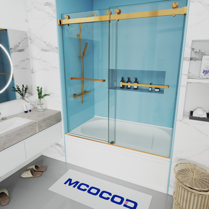 MCOCOD DS01 Bathtub Shower Doors - Double Sliding Bathtub Shower Door with 304 Stainless Steel Brushed Gold Towel Bars