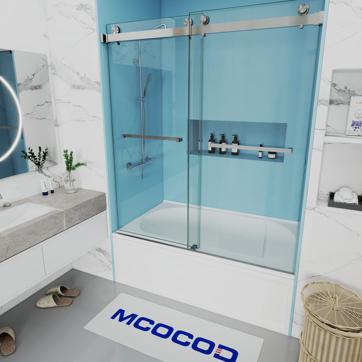 MCOCOD DS01 Bathtub Shower Doors - Double Sliding Bathtub Shower Door with 304 Stainless Steel Chrome Towel Bars