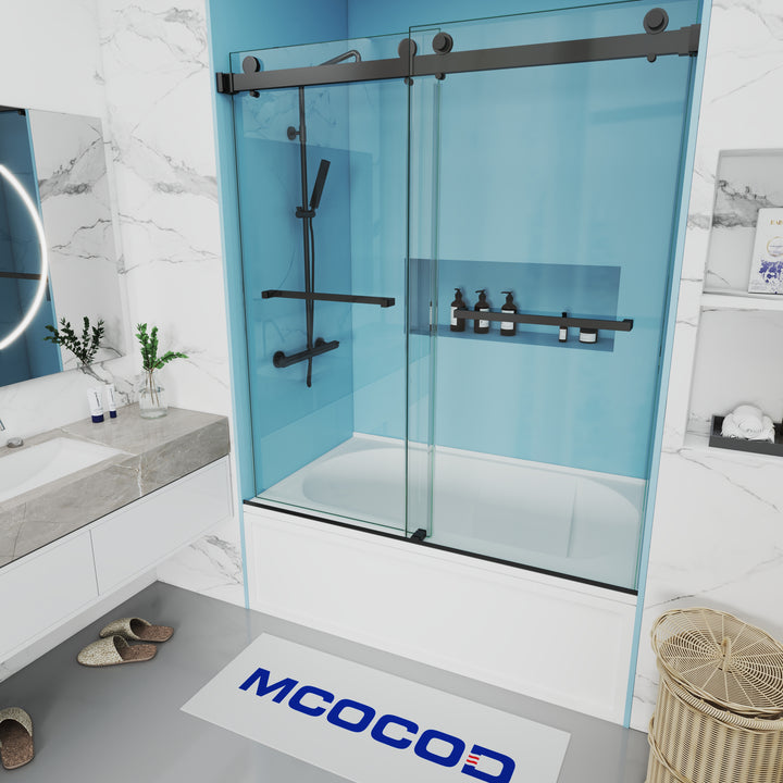 MCOCOD DS01 Bathtub Shower Doors - Double Sliding Bathtub Shower Door with 304 Stainless Steel Matte Black Towel Bars